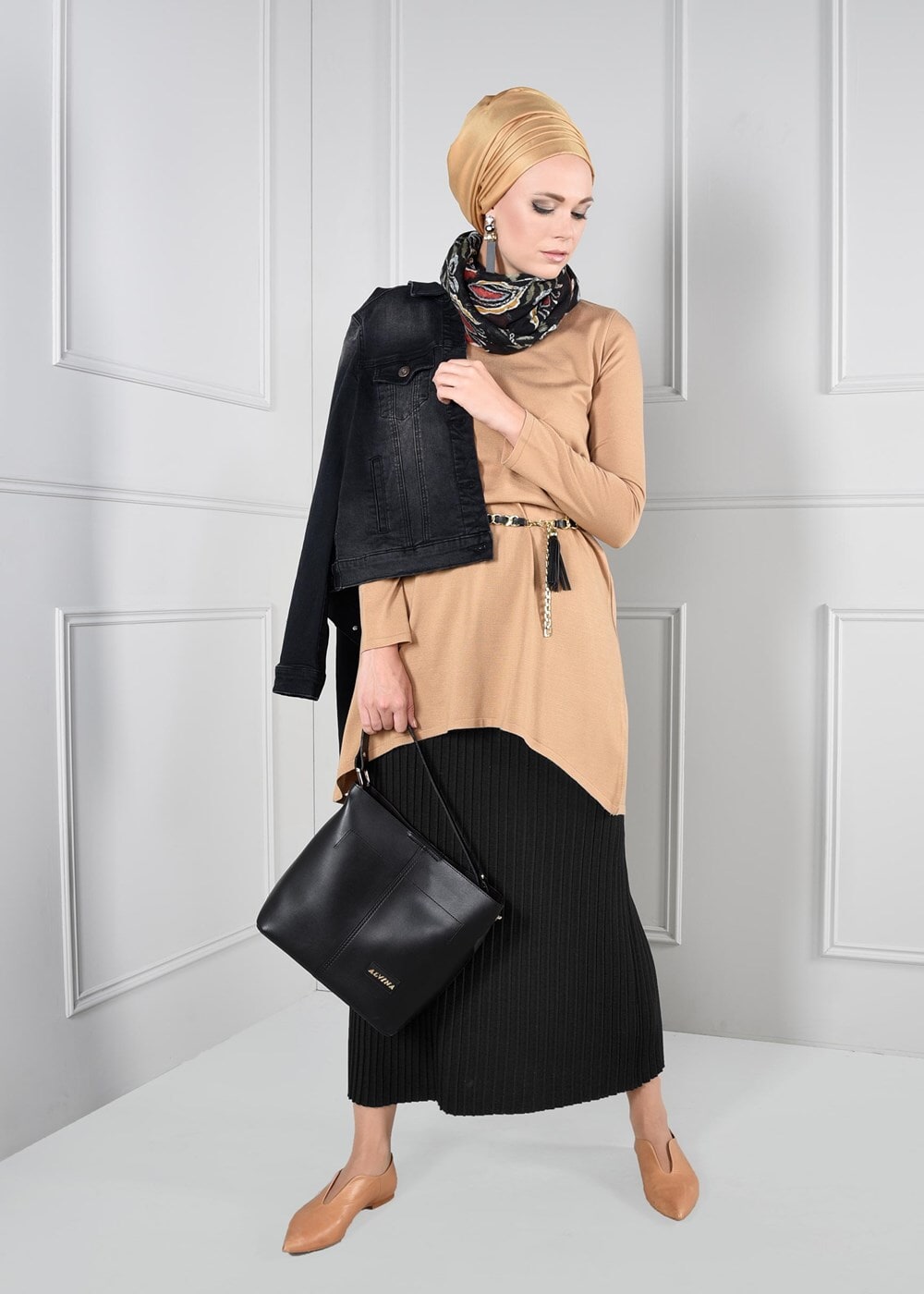 Tesettür giyim SİYAH YÜKSEK BEL TRİKO ETEK 6093