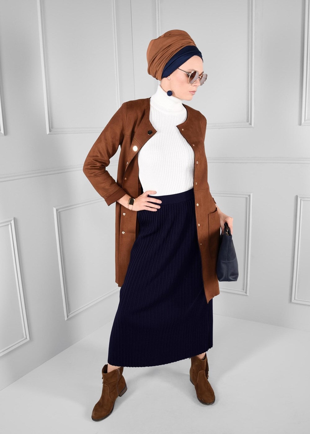 Tesettür giyim LACİVERT YÜKSEK BEL TRİKO ETEK 6093