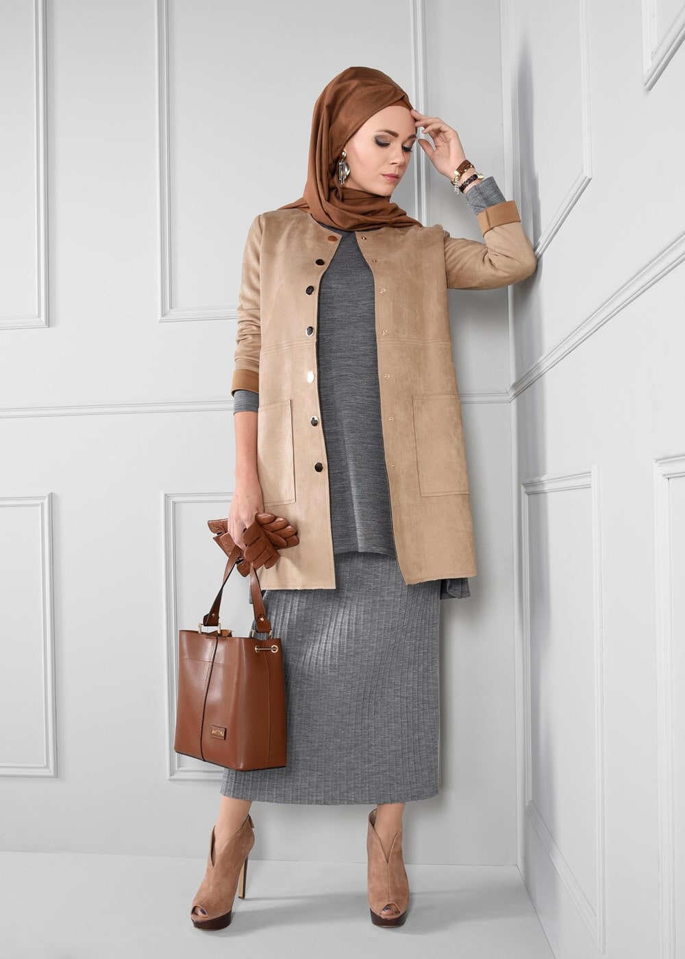 Tesettür giyim GRİ FİTİLLİ TRİKO ETEK 6094