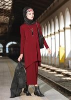 Tesettür giyim KIRMIZI BELİ LASTİKLİ TRİKO ETEK 6095