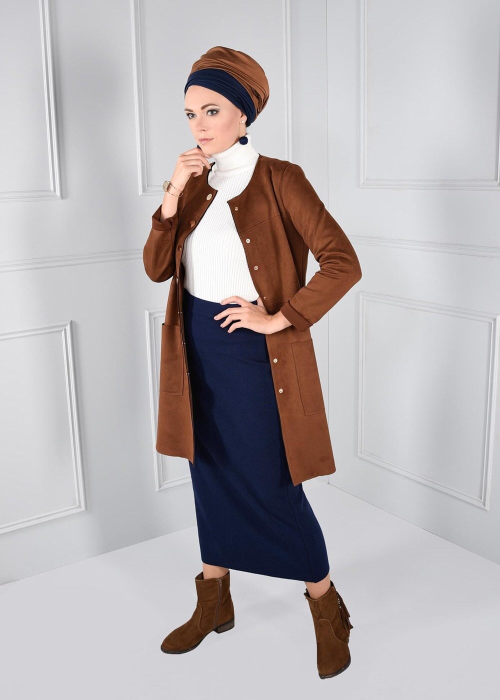 Tesettür giyim LACİVERT BELİ LASTİKLİ TRİKO ETEK 6095