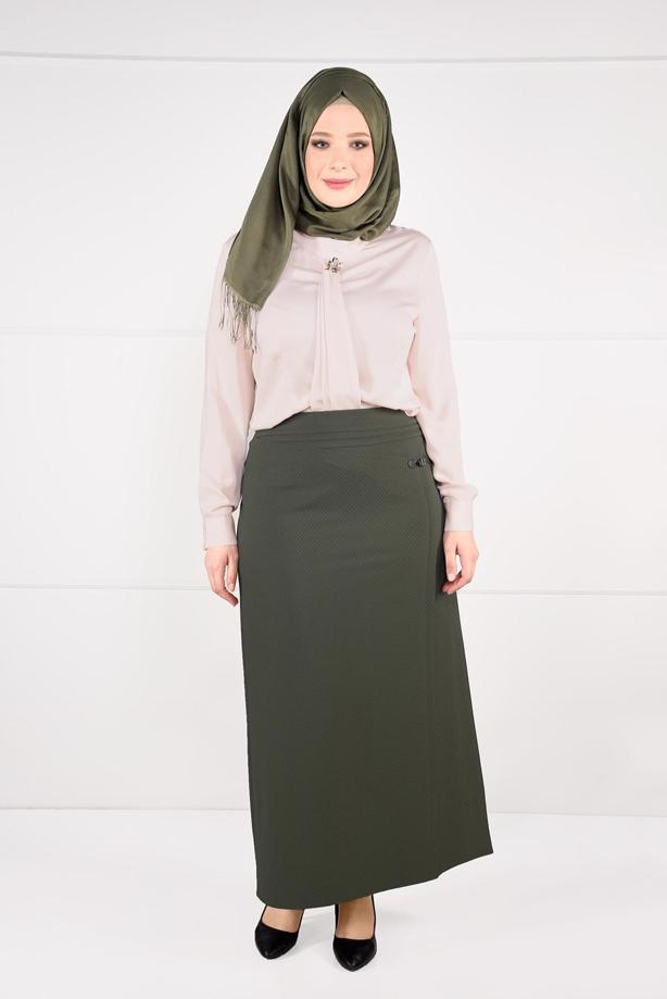 Tesettür giyim HAKİ YÜKSEK BEL ANVELOP ETEK 6898 - TRENDTESETTÜR