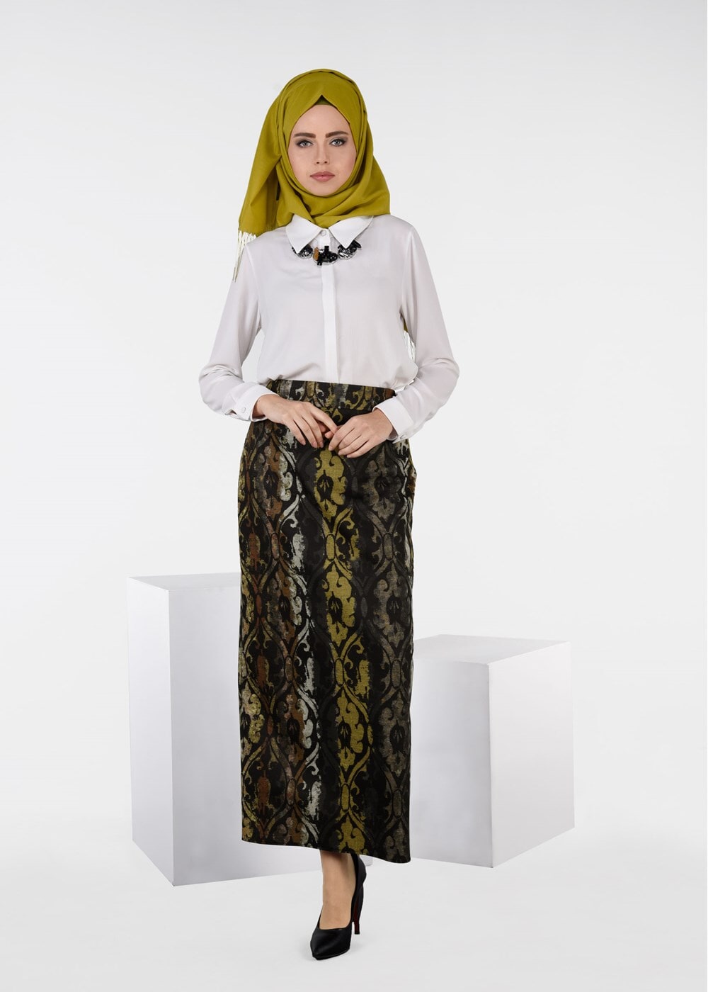 Tesettür giyim TURUNCU DESENLİ ETEK 6932