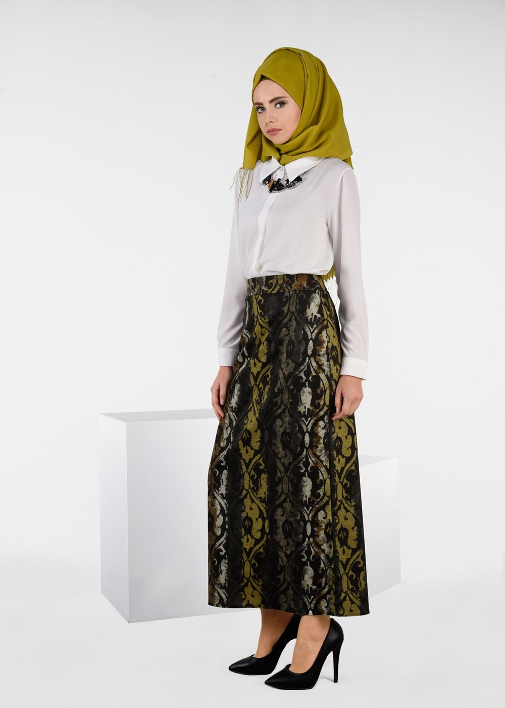 Tesettür giyim TURUNCU DESENLİ ETEK 6932