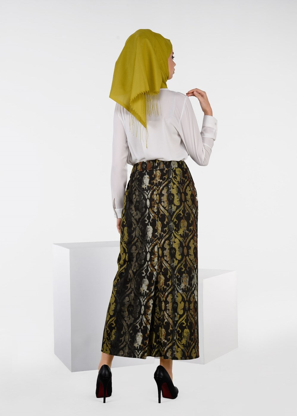 Tesettür giyim TURUNCU DESENLİ ETEK 6932