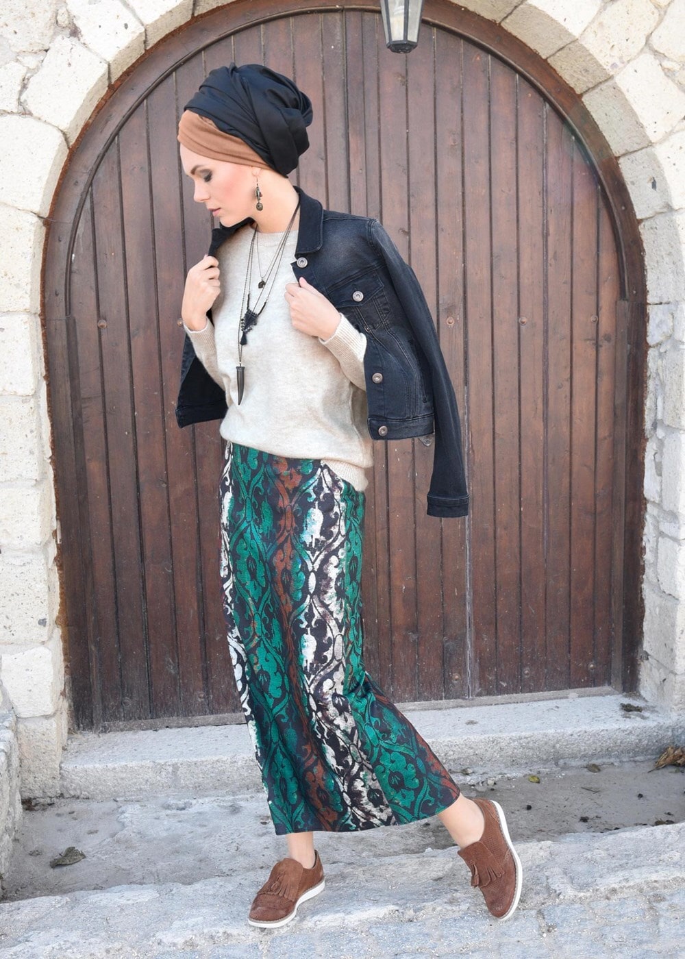 Tesettür giyim YEŞİL DESENLİ ETEK 6932