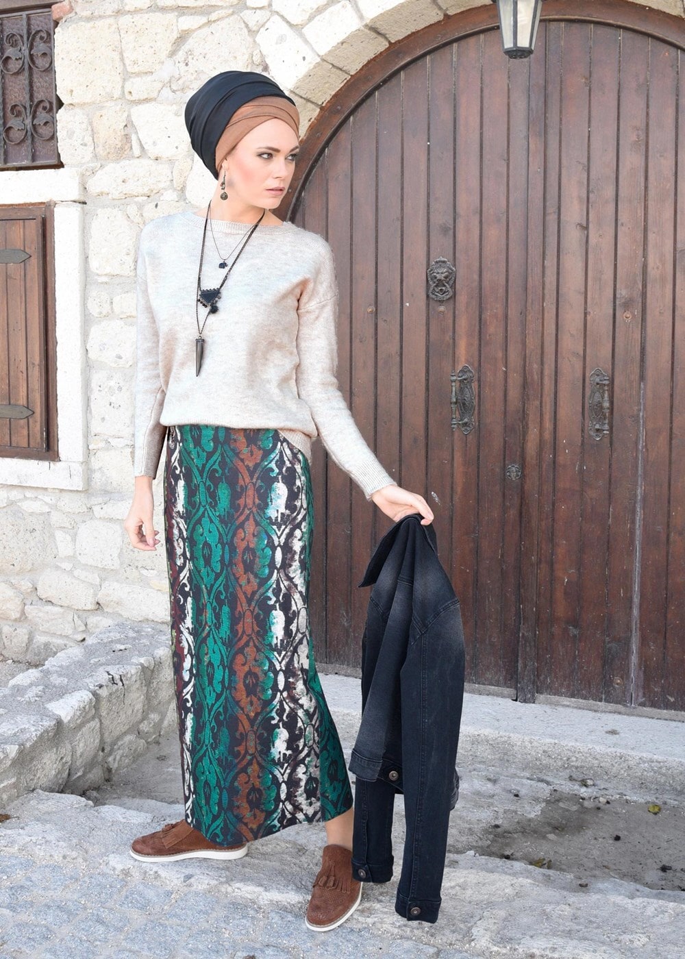 Tesettür giyim YEŞİL DESENLİ ETEK 6932