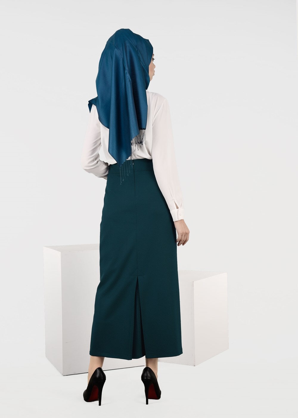 Tesettür giyim YEŞİL CEP DETAYLI YÜKSEK BEL ETEK 6935