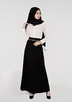 Tesettür giyim SİYAH KUŞ GÖZÜ DETAYLI ETEK 6943