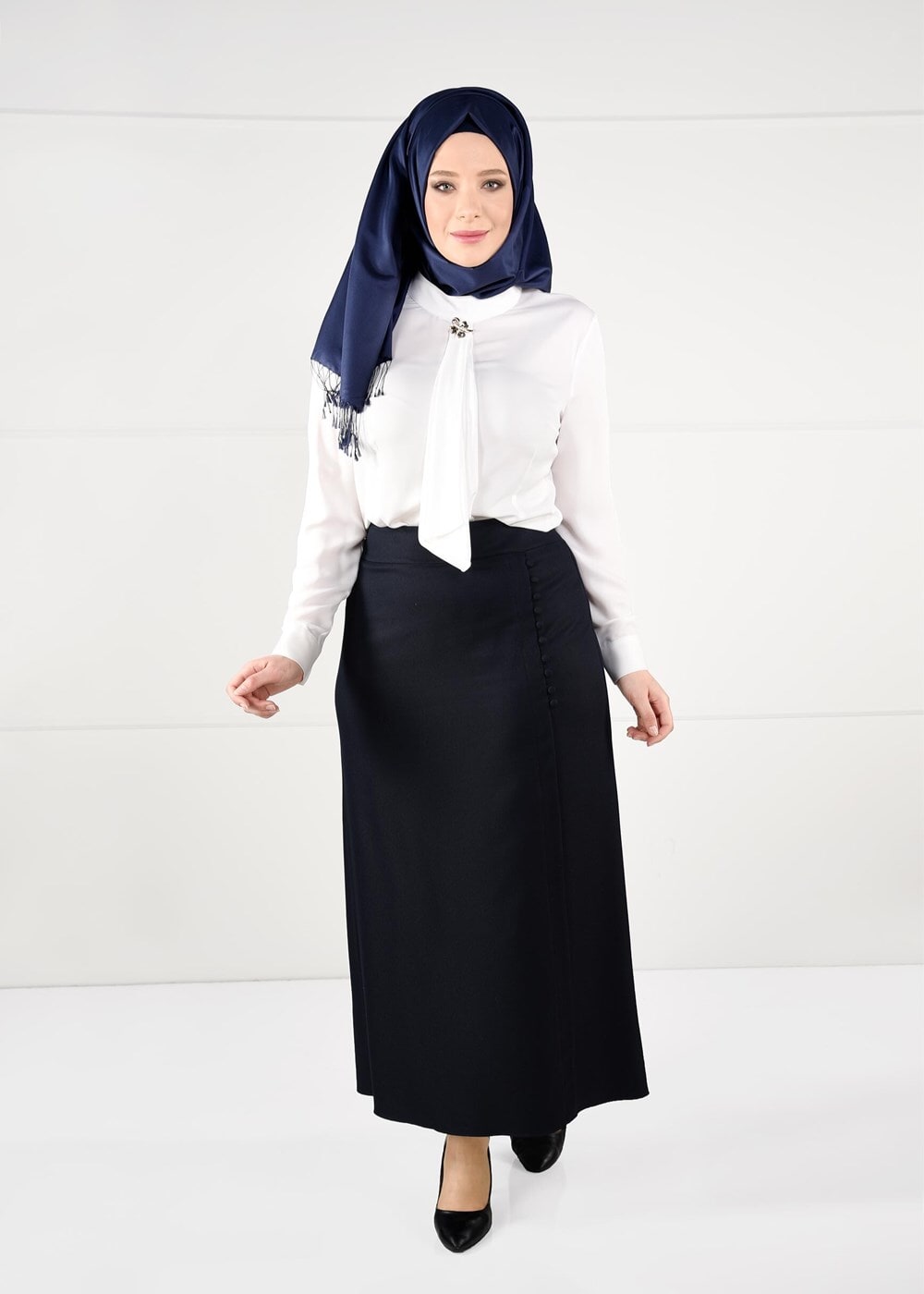 Hijab clothing NAVY BLUE BUTTONED SKIRT WITH HIDDEN SLITS  6946 