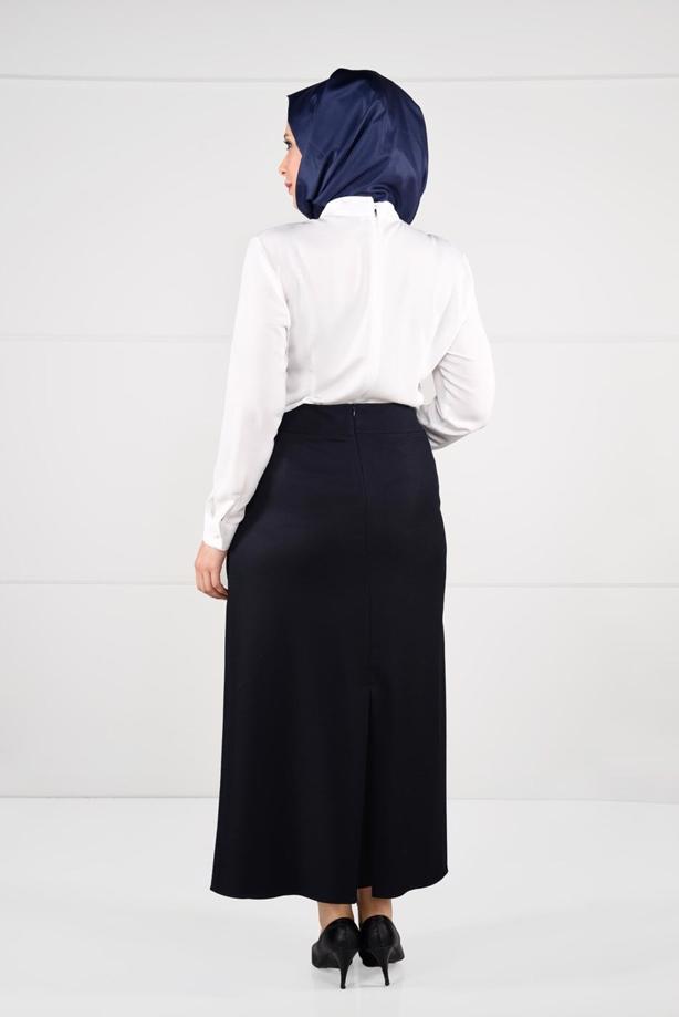 Tesettür giyim LACİVERT DÜĞME DETAYLI GİZLİ YIRTMAÇLI ETEK 6946  - TRENDTESETTÜR