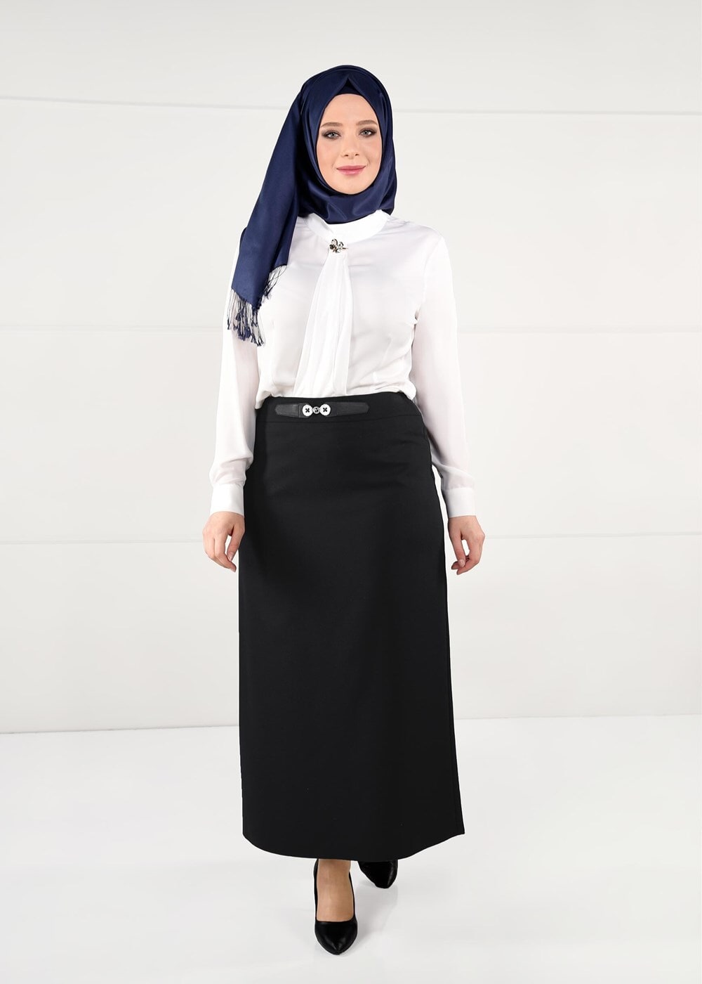 Hijab clothing BLACK BELTED HIGH-WAIST SKIRT 6947 