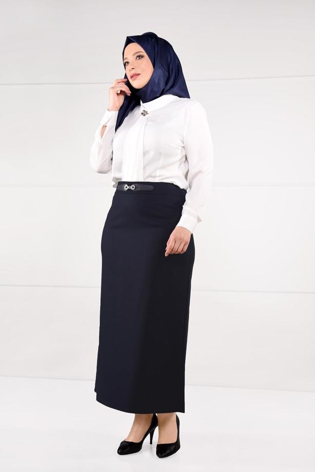 Tesettür giyim LACİVERT KEMER DETAYLI YÜKSEK BEL ETEK 6947  - TRENDTESETTÜR