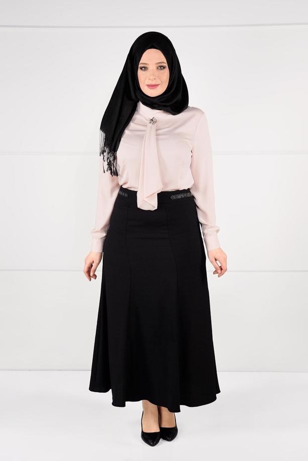 Tesettür giyim SİYAH KUŞ GÖZÜ DETAYLI YÜKSEK BEL ETEK 6949  - TRENDTESETTÜR