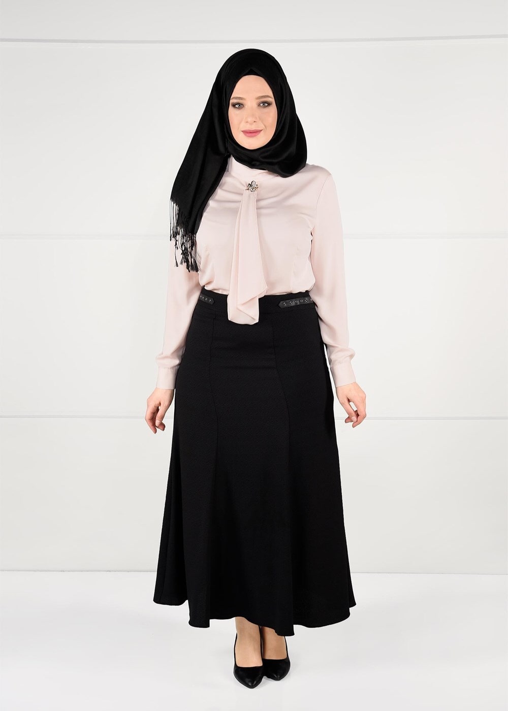 Hijab clothing BLACK EYELET DETAILED HIGH-WAIST SKIRT  6949 