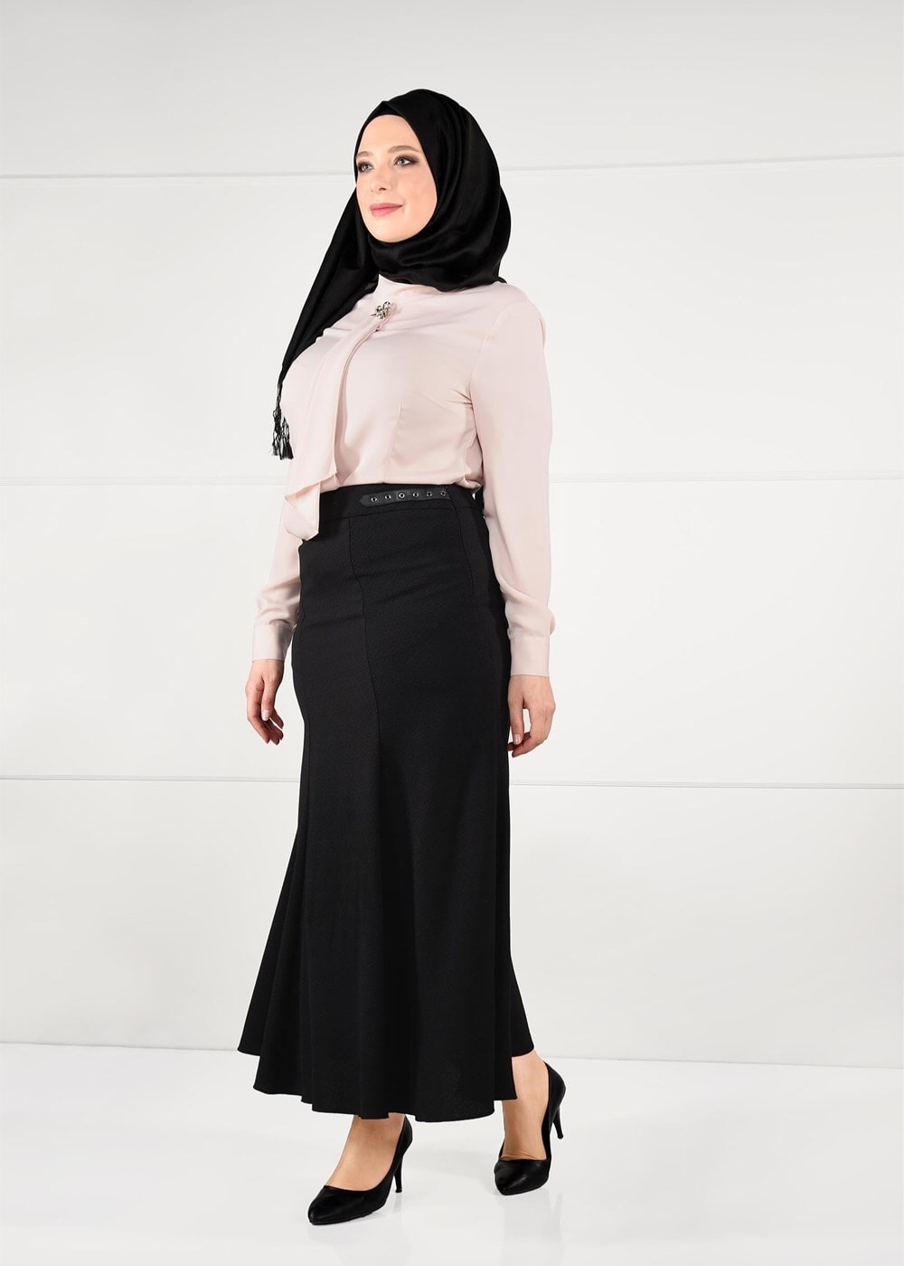 Hijab clothing BLACK EYELET DETAILED HIGH-WAIST SKIRT  6949 