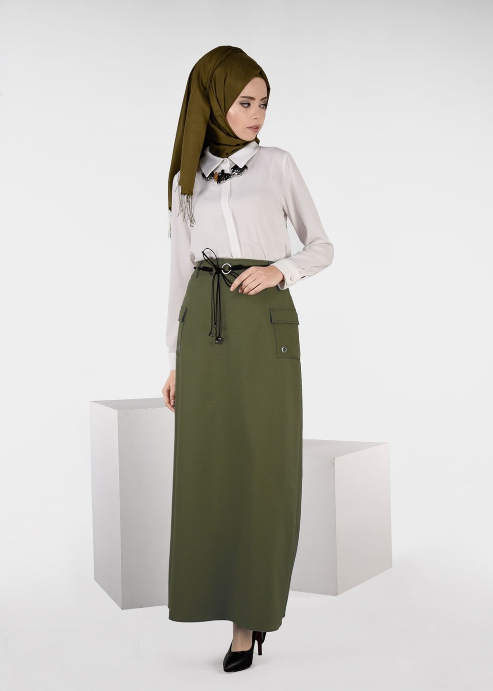 Tesettür giyim YEŞİL CEP DETAYLI ETEK 6951 