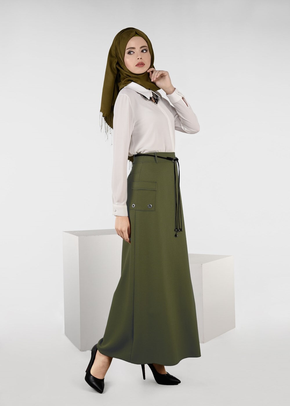 Tesettür giyim YEŞİL CEP DETAYLI ETEK 6951 