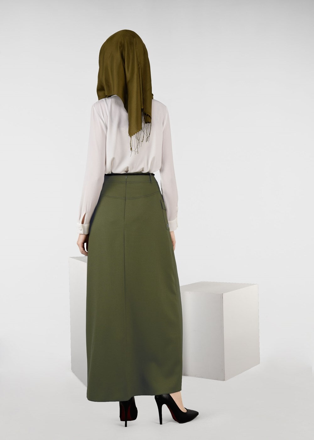 Tesettür giyim YEŞİL CEP DETAYLI ETEK 6951 