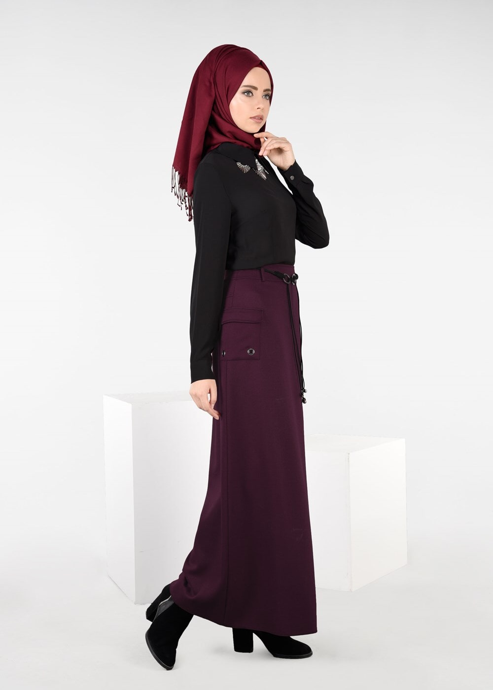 Tesettür giyim BORDO CEP DETAYLI ETEK 6951 