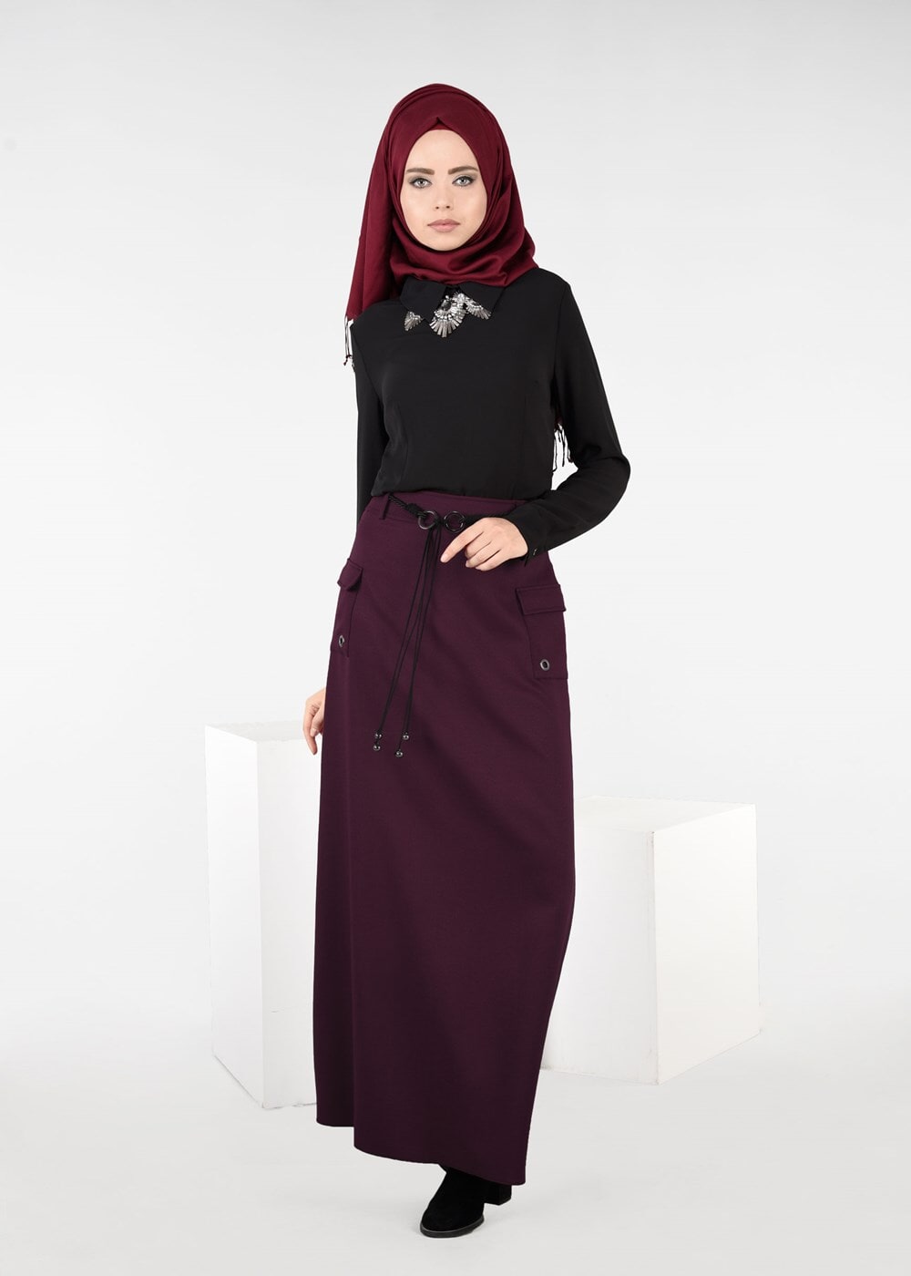 Tesettür giyim BORDO CEP DETAYLI ETEK 6951 