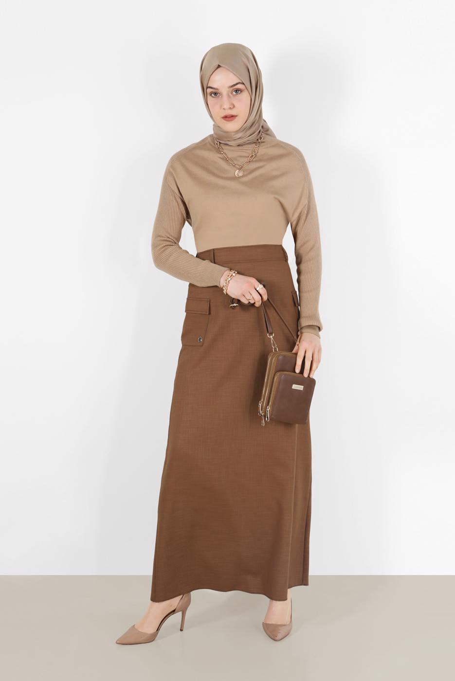 Tesettür giyim KAHVE CEP DETAYLI ETEK 6951 