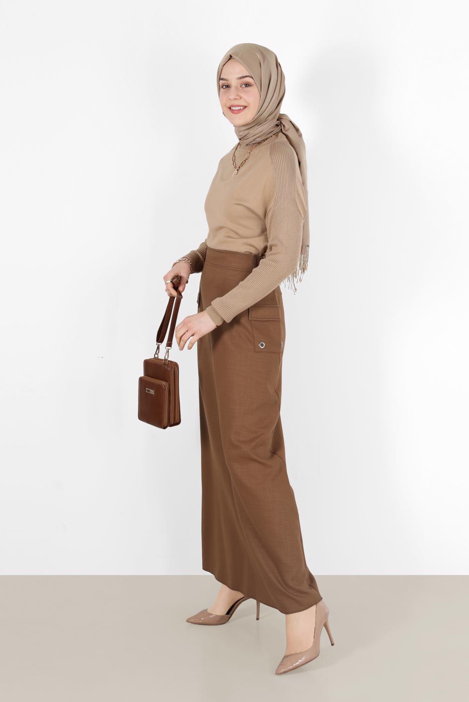 Tesettür giyim KAHVE CEP DETAYLI ETEK 6951 