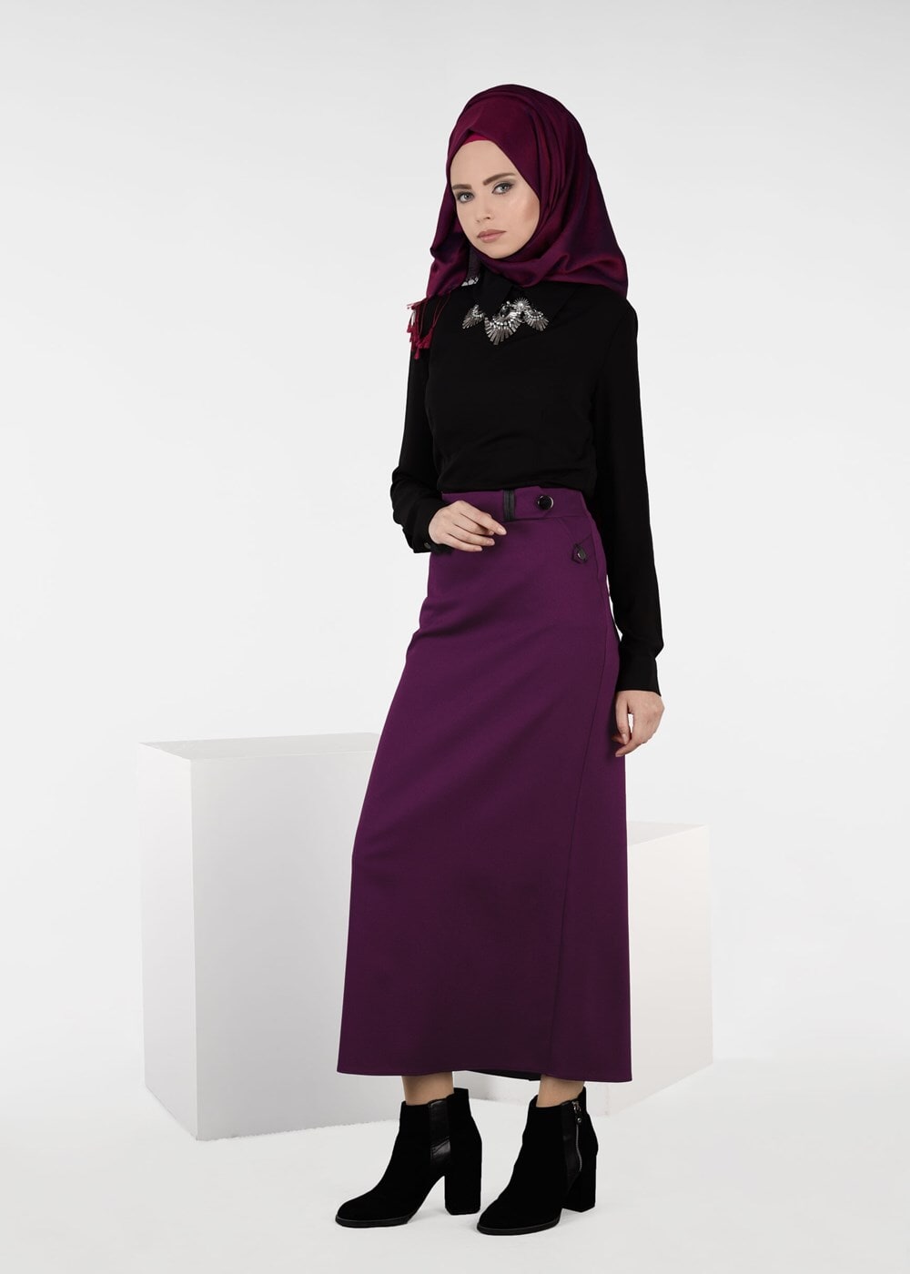 Tesettür giyim MOR FERMUARLI ETEK 6953 