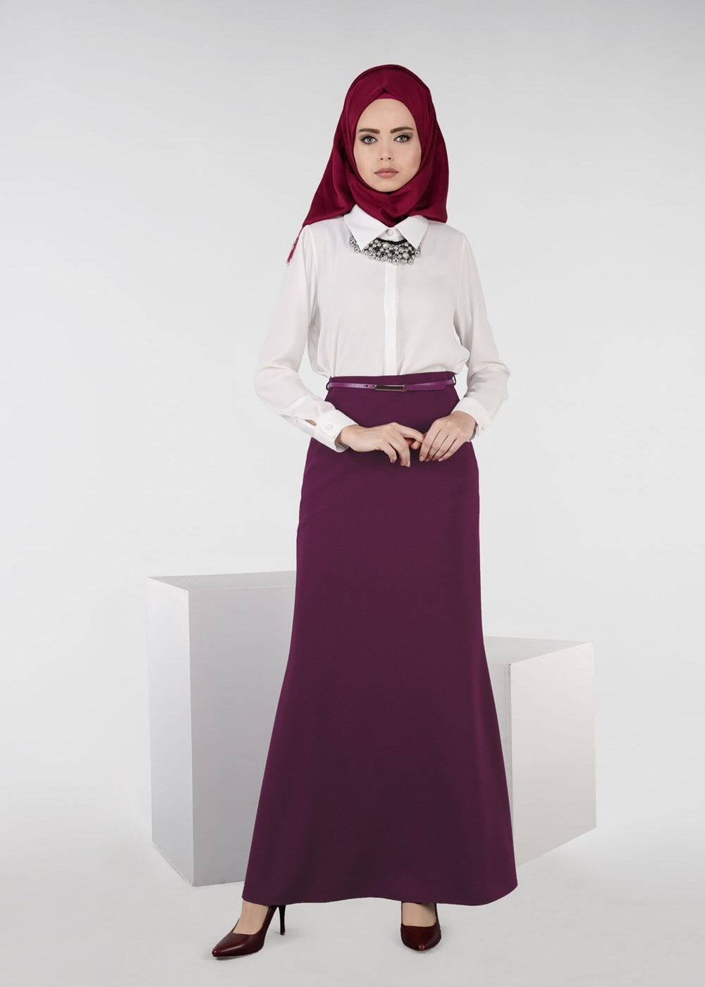 Tesettür giyim FUŞYA KEMERLİ ETEK 6960 