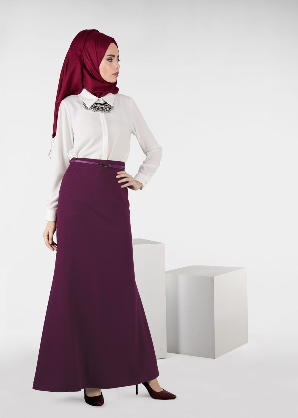 Tesettür giyim FUŞYA KEMERLİ ETEK 6960 