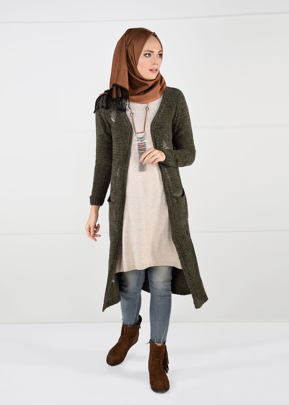 Vêtements hijab KAKI GILET MAILLE EN VELOURS 0203 