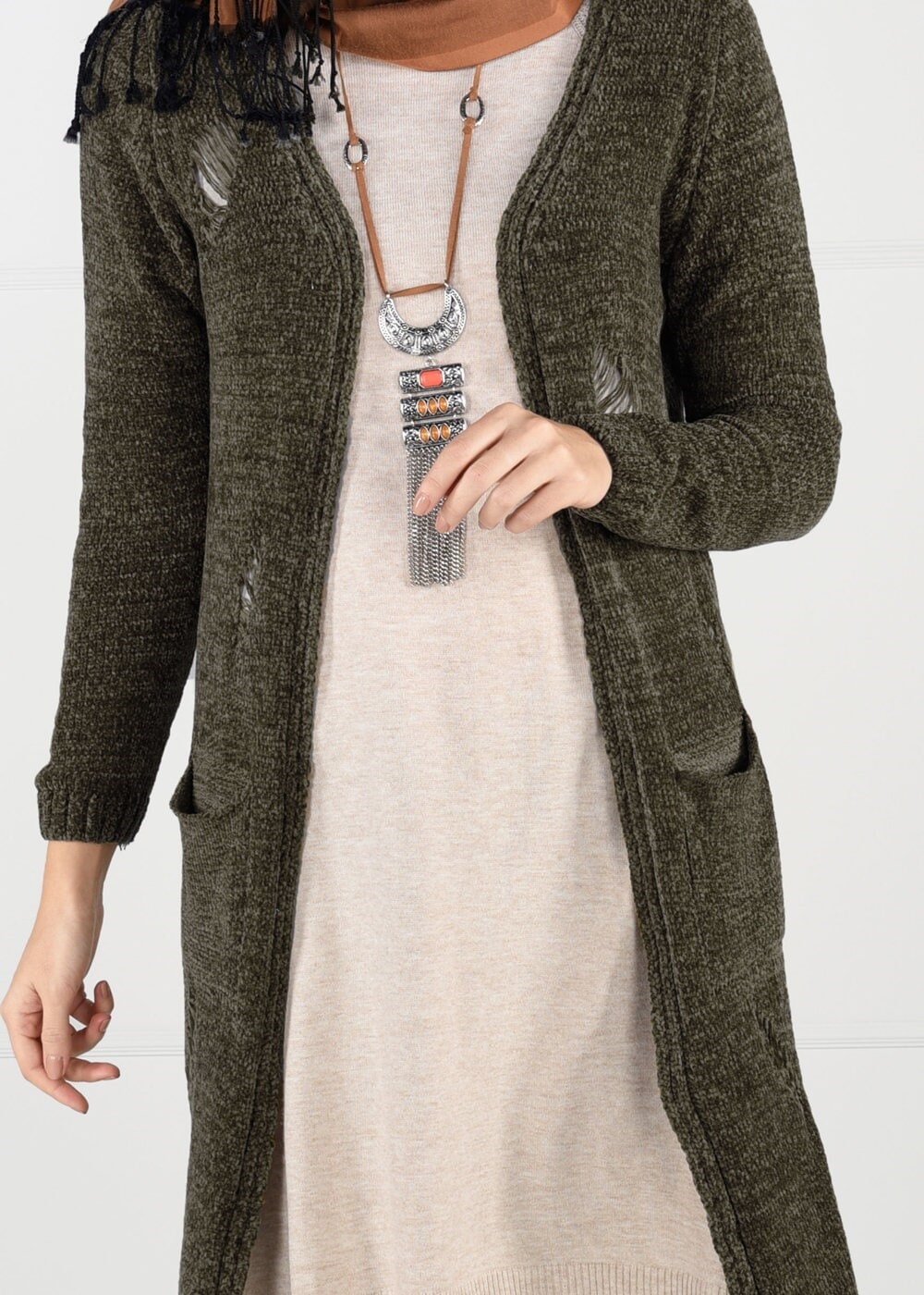 Vêtements hijab KAKI GILET MAILLE EN VELOURS 0203 