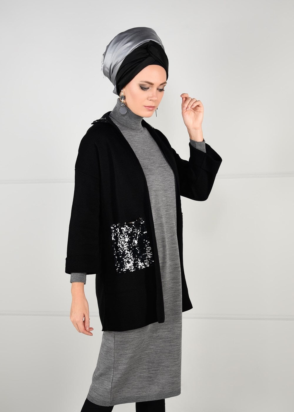 Hijab clothing BLACK SEQUINNED CARDIGAN 6137  