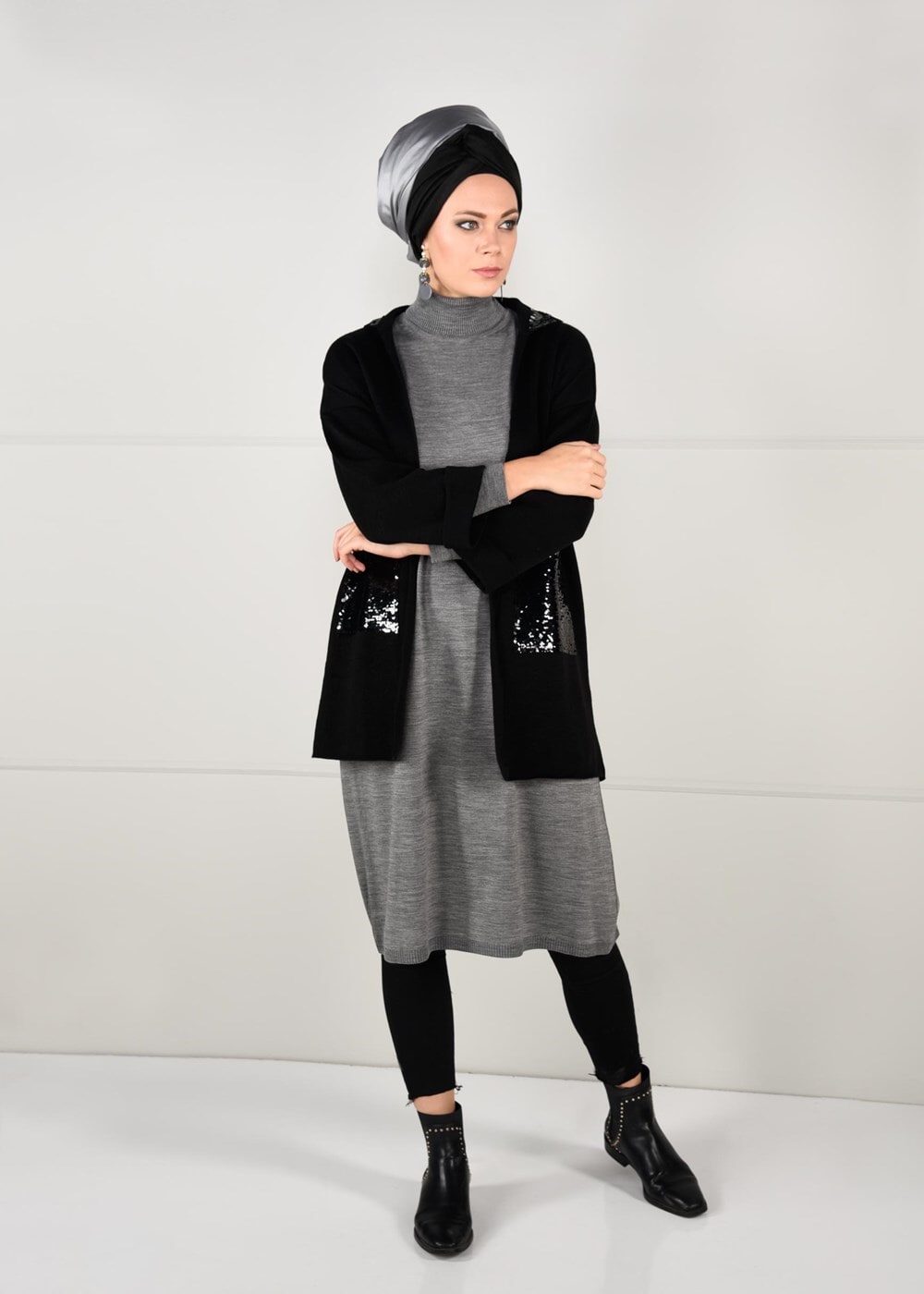 Hijab clothing BLACK SEQUINNED CARDIGAN 6137  