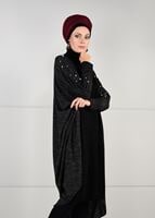 Tesettür giyim SİYAH İNCİ DETAYLI YARASA KOL HIRKA 6845
