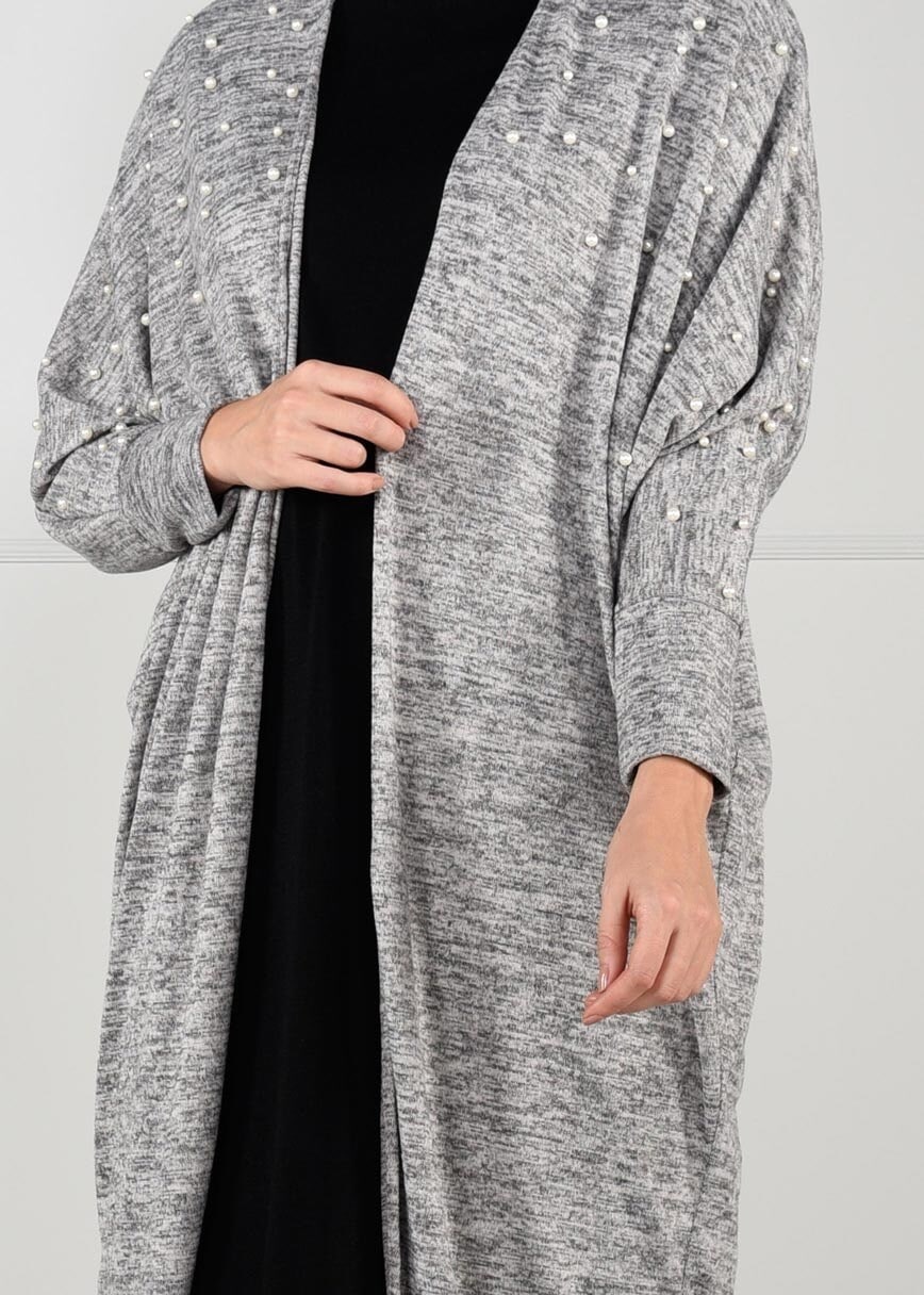Tesettür giyim GRİ İNCİ DETAYLI YARASA KOL HIRKA 6845
