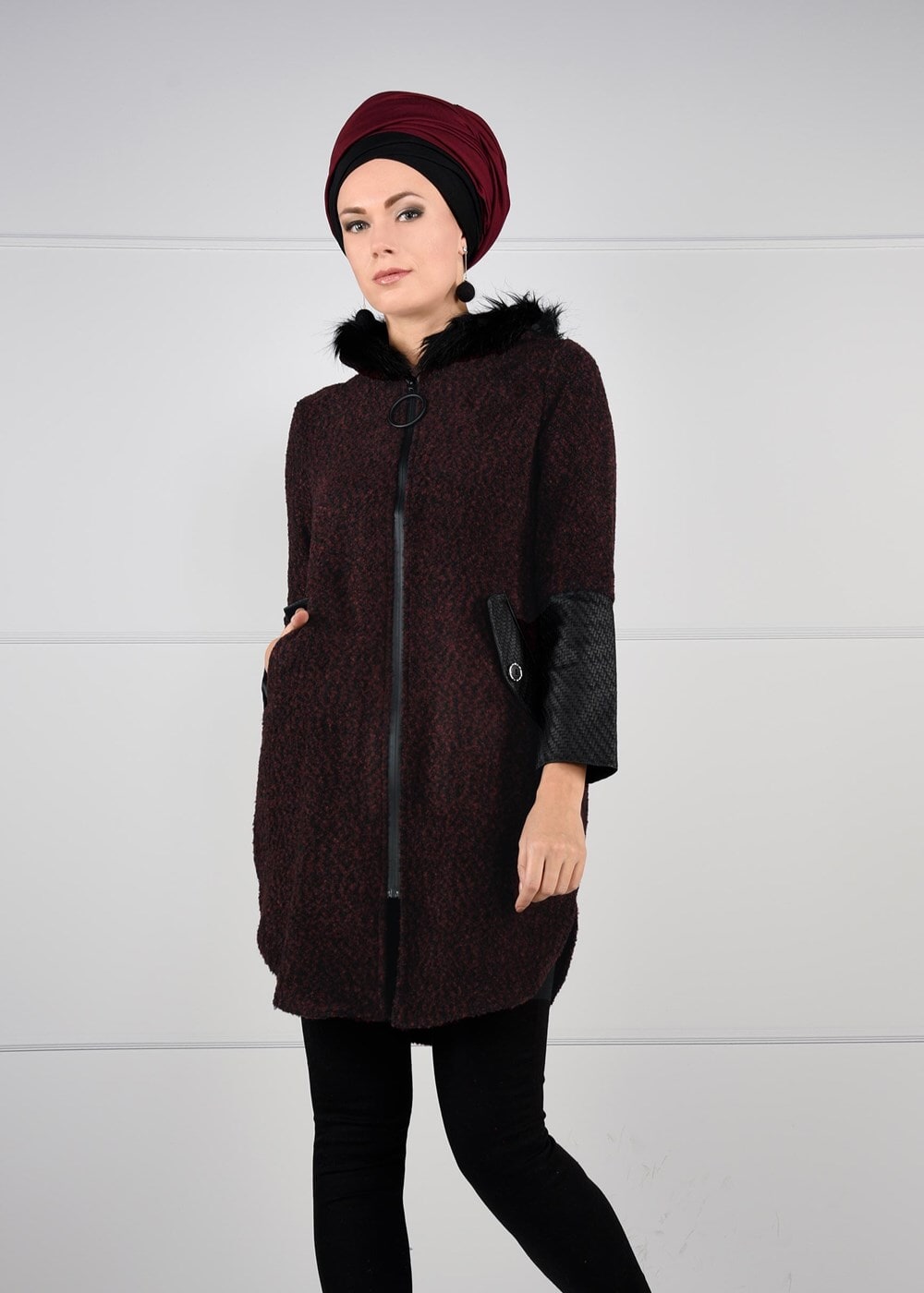 Tesettür giyim BORDO SUNİ DERİ DETAYLI KABAN 31241