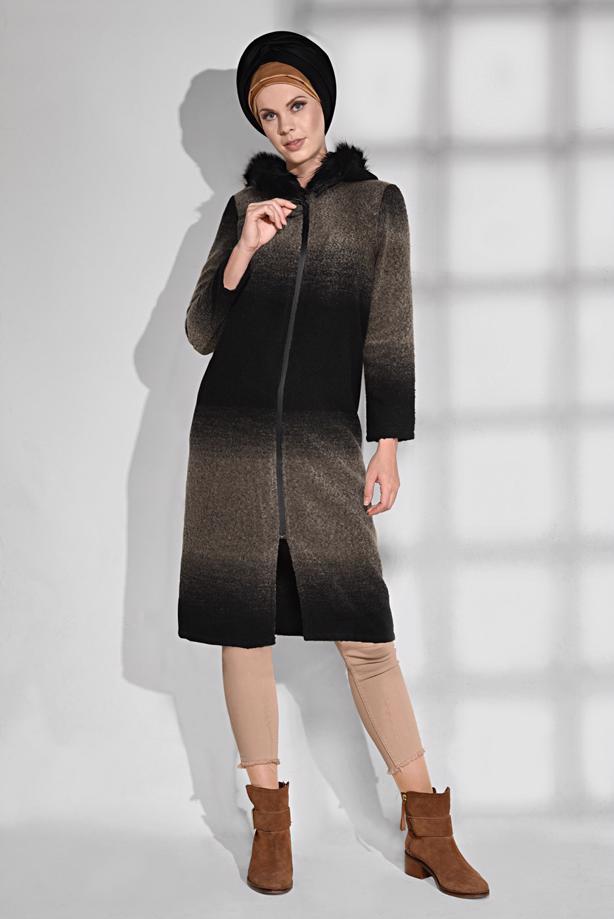 Tesettür giyim  KAPÜŞONU KÜRKLÜ FERMUARLI KABAN 32241 - TRENDTESETTÜR