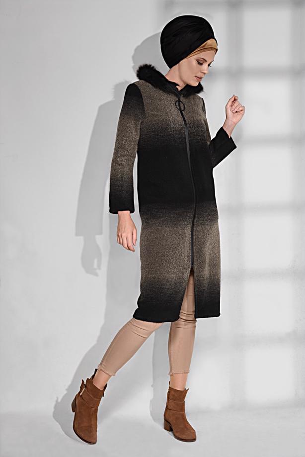 Tesettür giyim  KAPÜŞONU KÜRKLÜ FERMUARLI KABAN 32241 - TRENDTESETTÜR