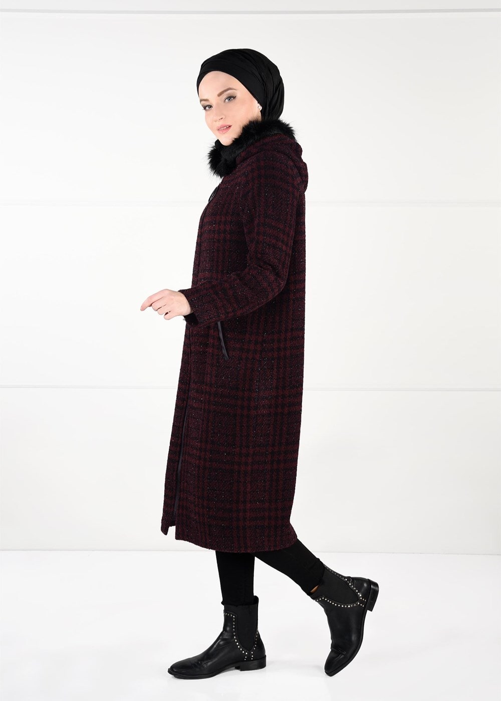 Tesettür giyim BORDO EKOSE DESENLİ KAŞE KABAN 50451