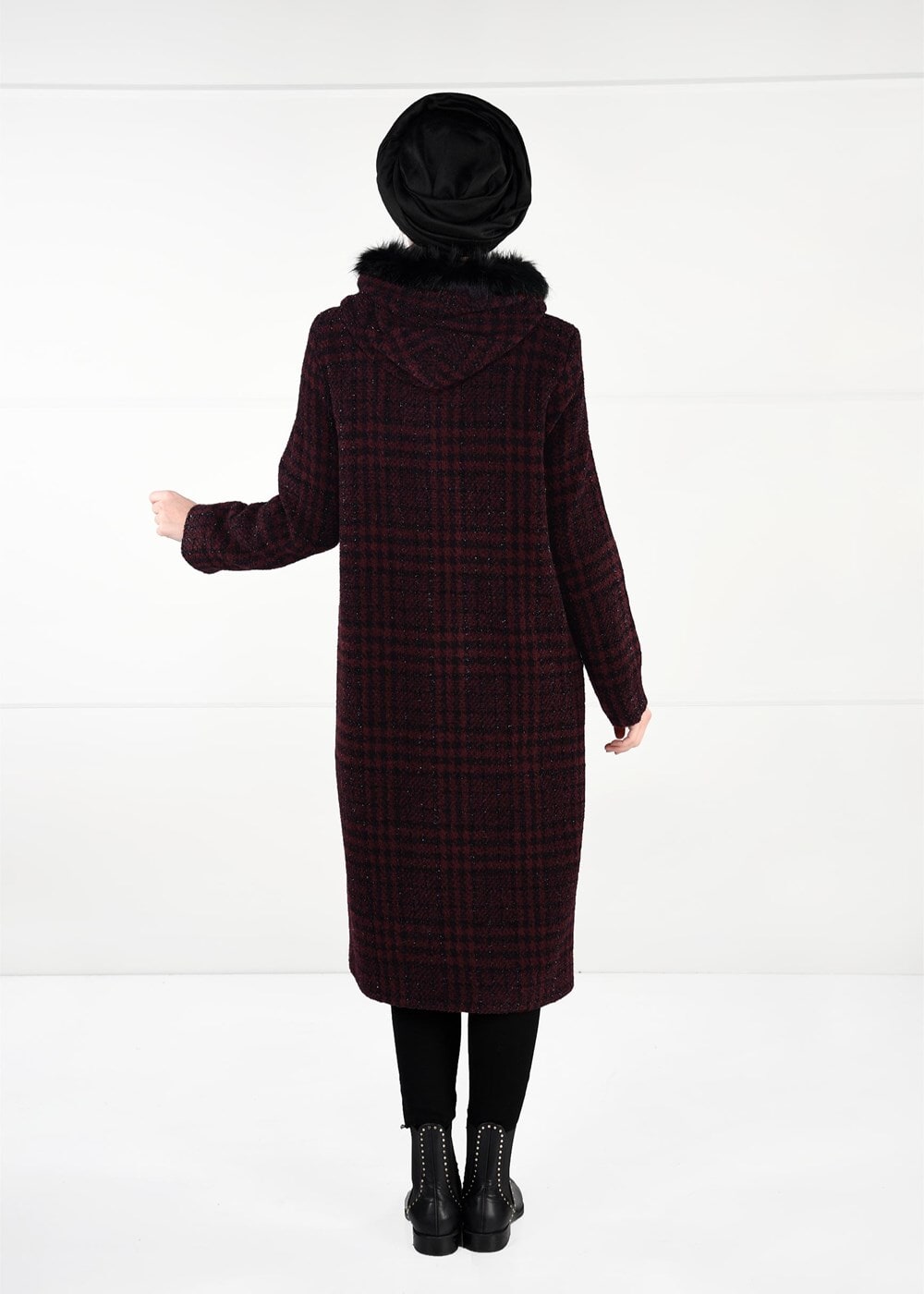 Tesettür giyim BORDO EKOSE DESENLİ KAŞE KABAN 50451