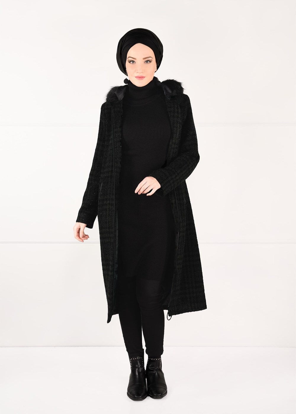 Tesettür giyim HAKİ EKOSE DESENLİ KAŞE KABAN 50451