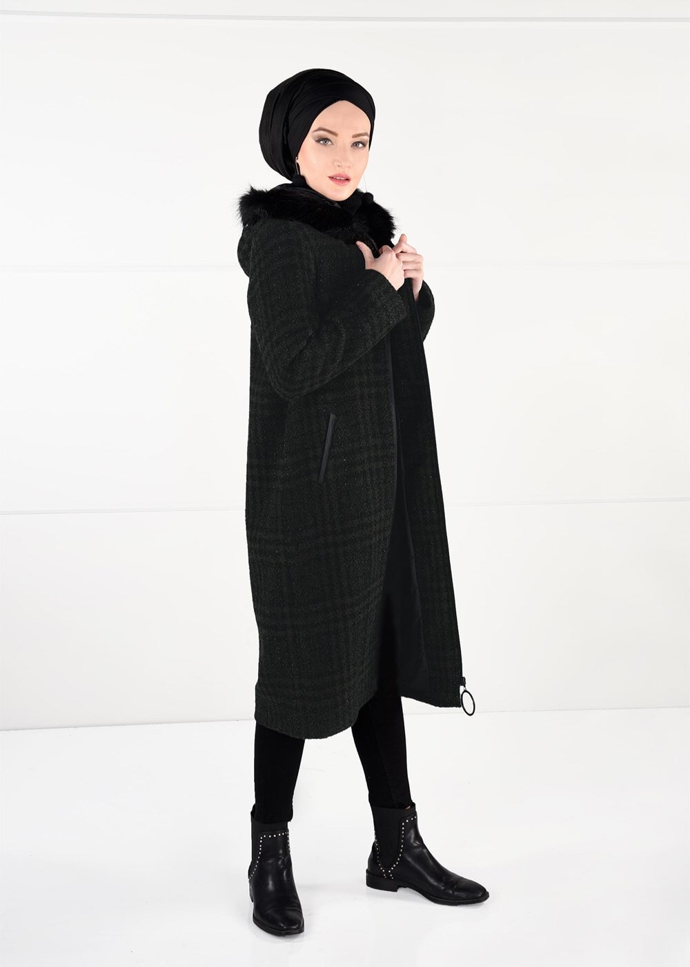 Tesettür giyim HAKİ EKOSE DESENLİ KAŞE KABAN 50451