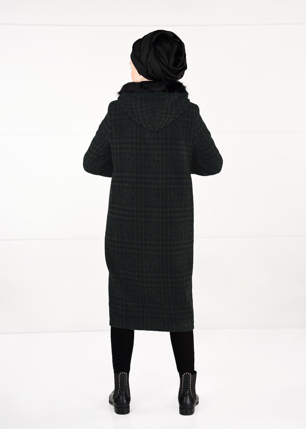 Tesettür giyim HAKİ EKOSE DESENLİ KAŞE KABAN 50451