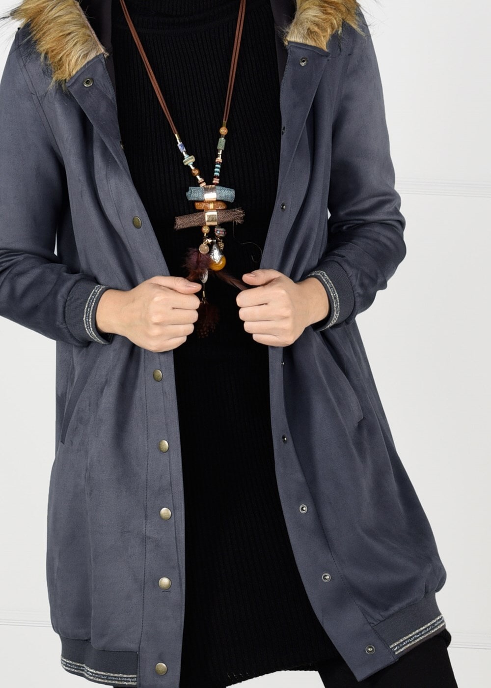 Tesettür giyim GRİ KAPÜŞONU PELUŞ SÜET KABAN 57941