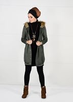Tesettür giyim HAKİ KAPÜŞONU PELUŞ SÜET KABAN 57941