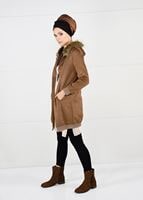 Tesettür giyim KAHVE KAPÜŞONU PELUŞ SÜET KABAN 57941