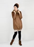 Tesettür giyim KAHVE KAPÜŞONU PELUŞ SÜET KABAN 57941