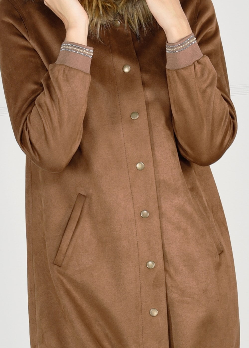 Tesettür giyim KAHVE KAPÜŞONU PELUŞ SÜET KABAN 57941