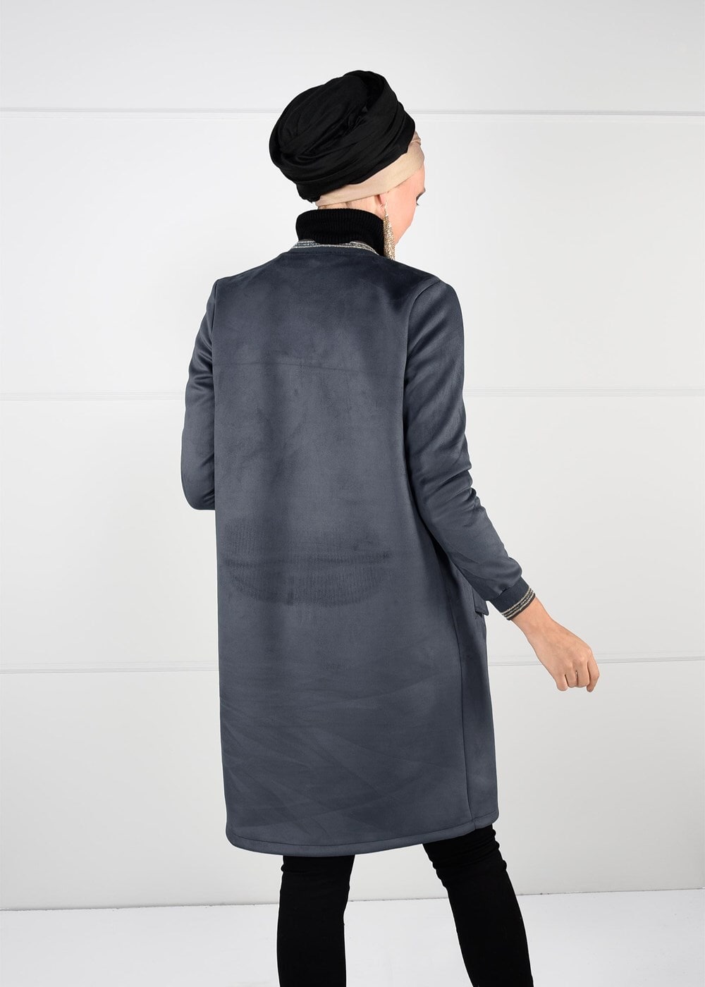 Tesettür giyim GRİ ÇITÇITLI SÜET KABAN 67941 